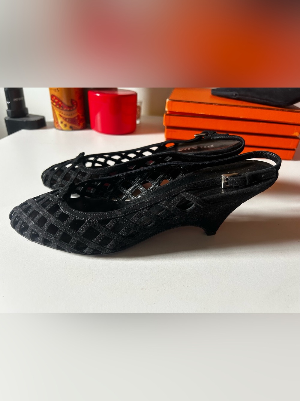 Prada Black Suede Cage Slingback Wedge Shoes 40